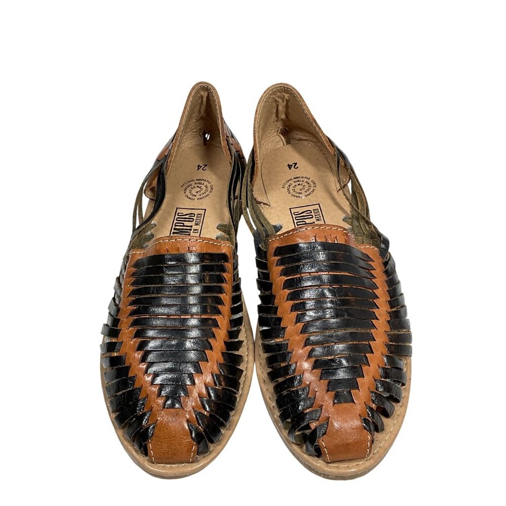 Authentic Mexican Leather Huaraches Kids Size 8 Tan & Black Handmade Woven Sanda